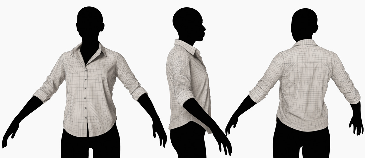 Wireframe of female shirt 3D models showcasing optimized topology